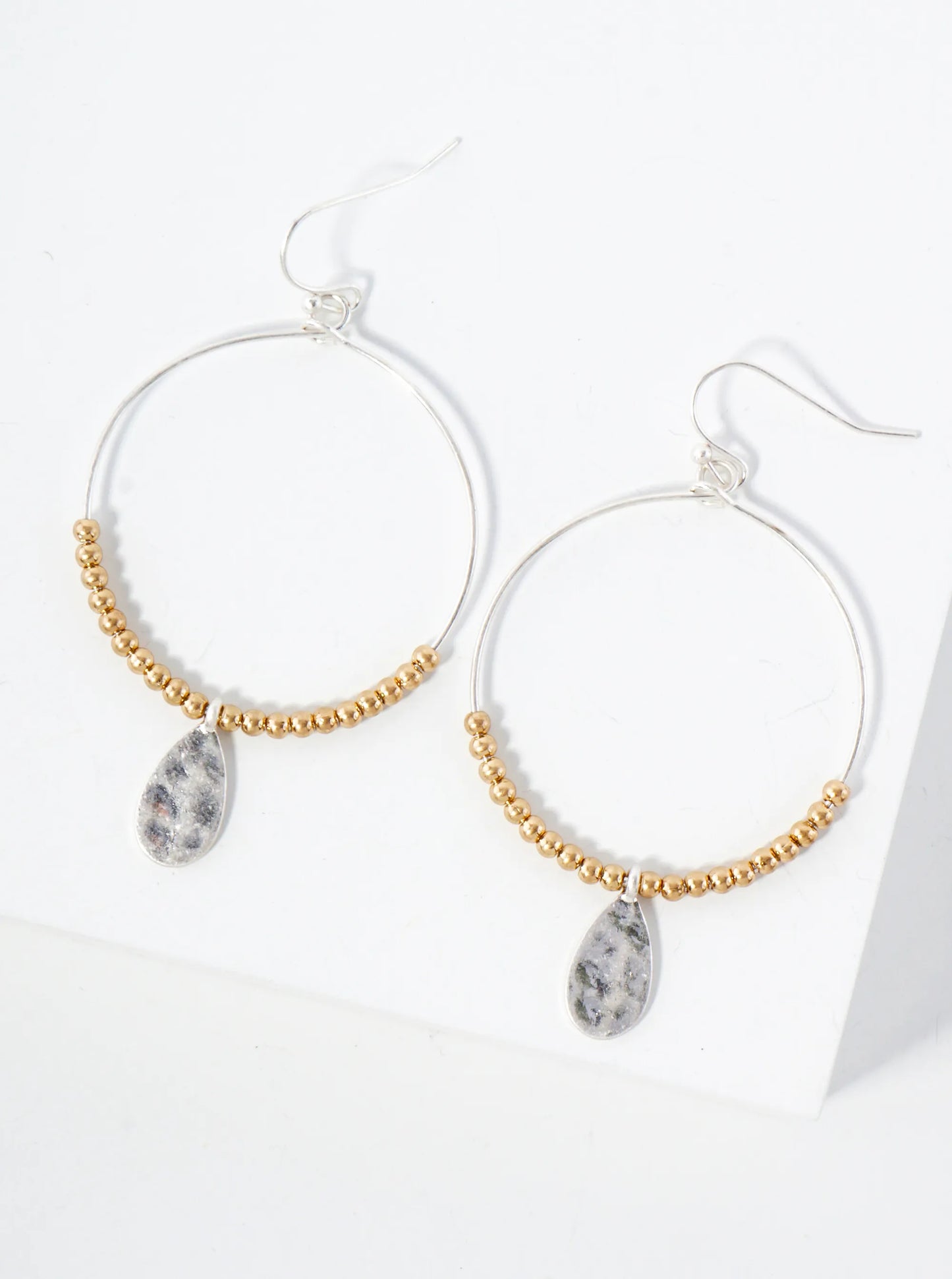 Hammered-Texture Teardrop Drop Metal Beaded Circle Earrings