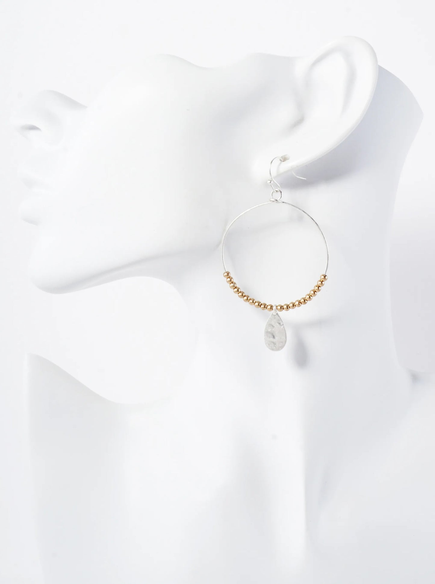 Hammered-Texture Teardrop Drop Metal Beaded Circle Earrings