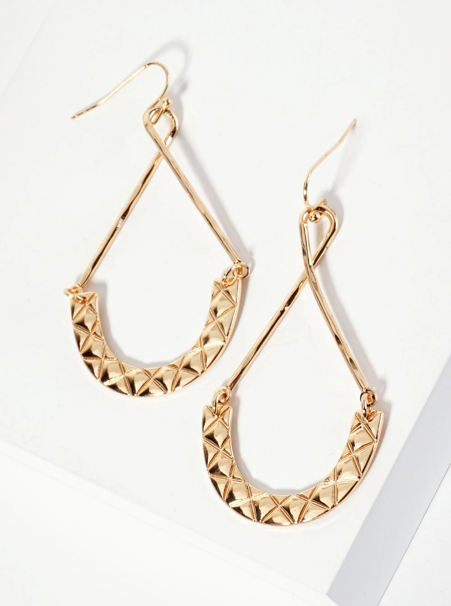 Hammered-Texture Teardrop Earrings With Engraved X-Pattern
