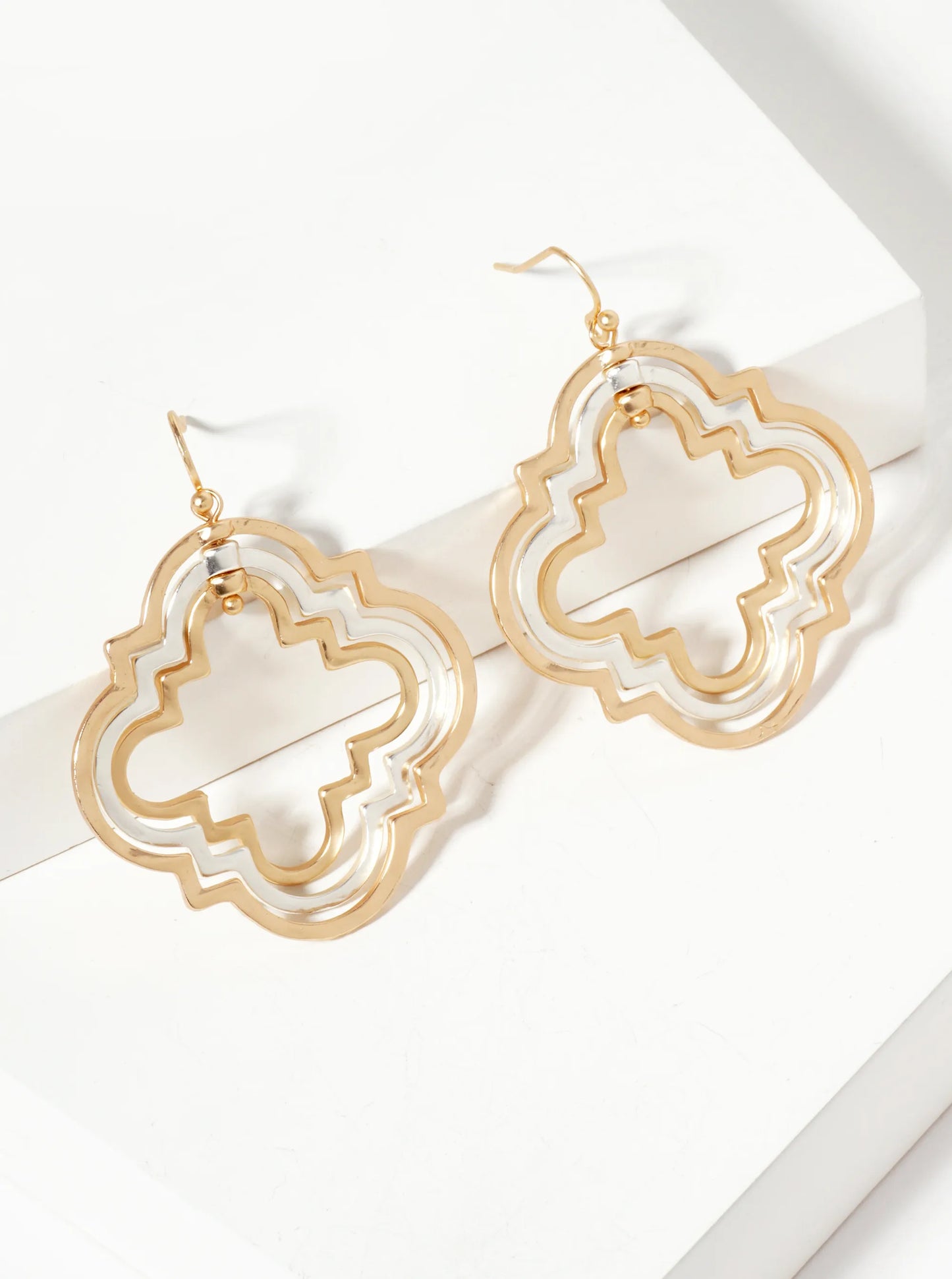 Hammered-Texture Three Overlapping Quatrefoil Drop Dangle Earrings