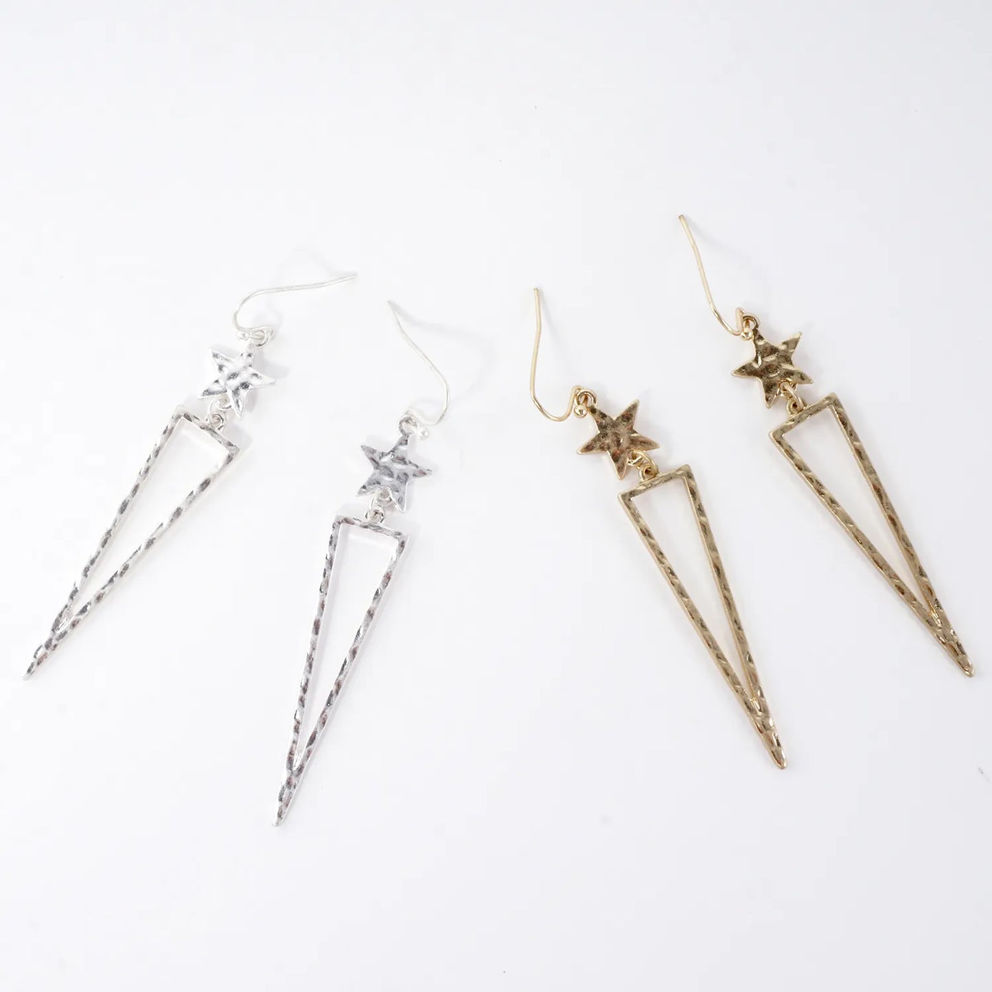 Hammered-Texture Triangle Drop Star Earrings