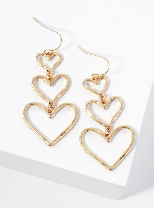 Hammered-Texture Triple Heart Dangle Drop Metal Earrings