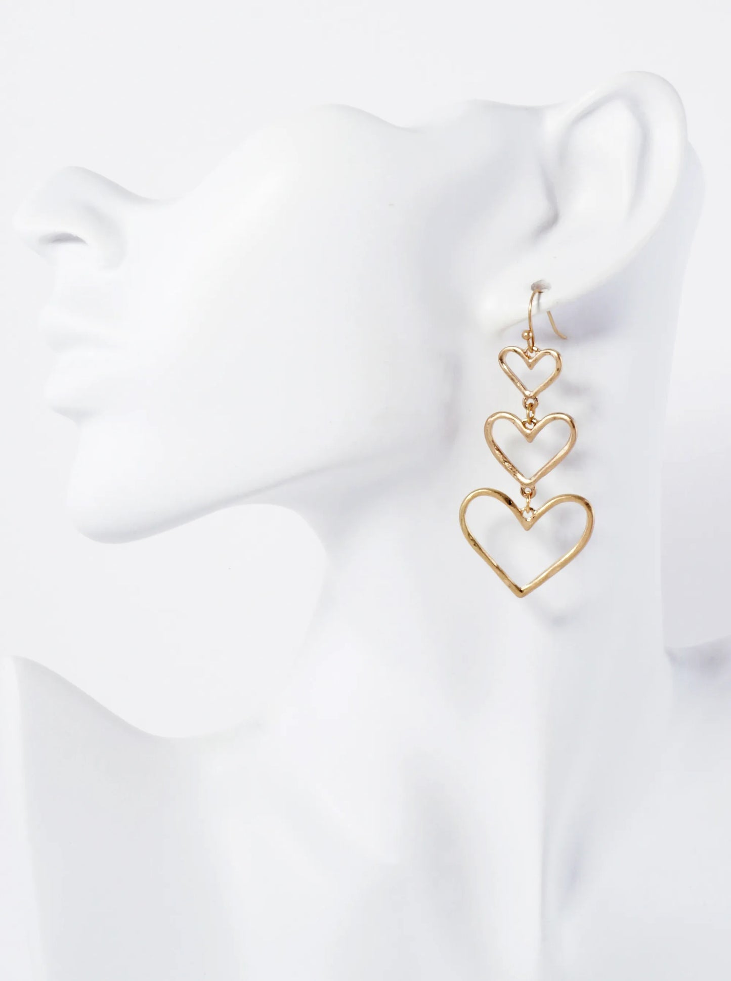 Hammered-Texture Triple Heart Dangle Drop Metal Earrings