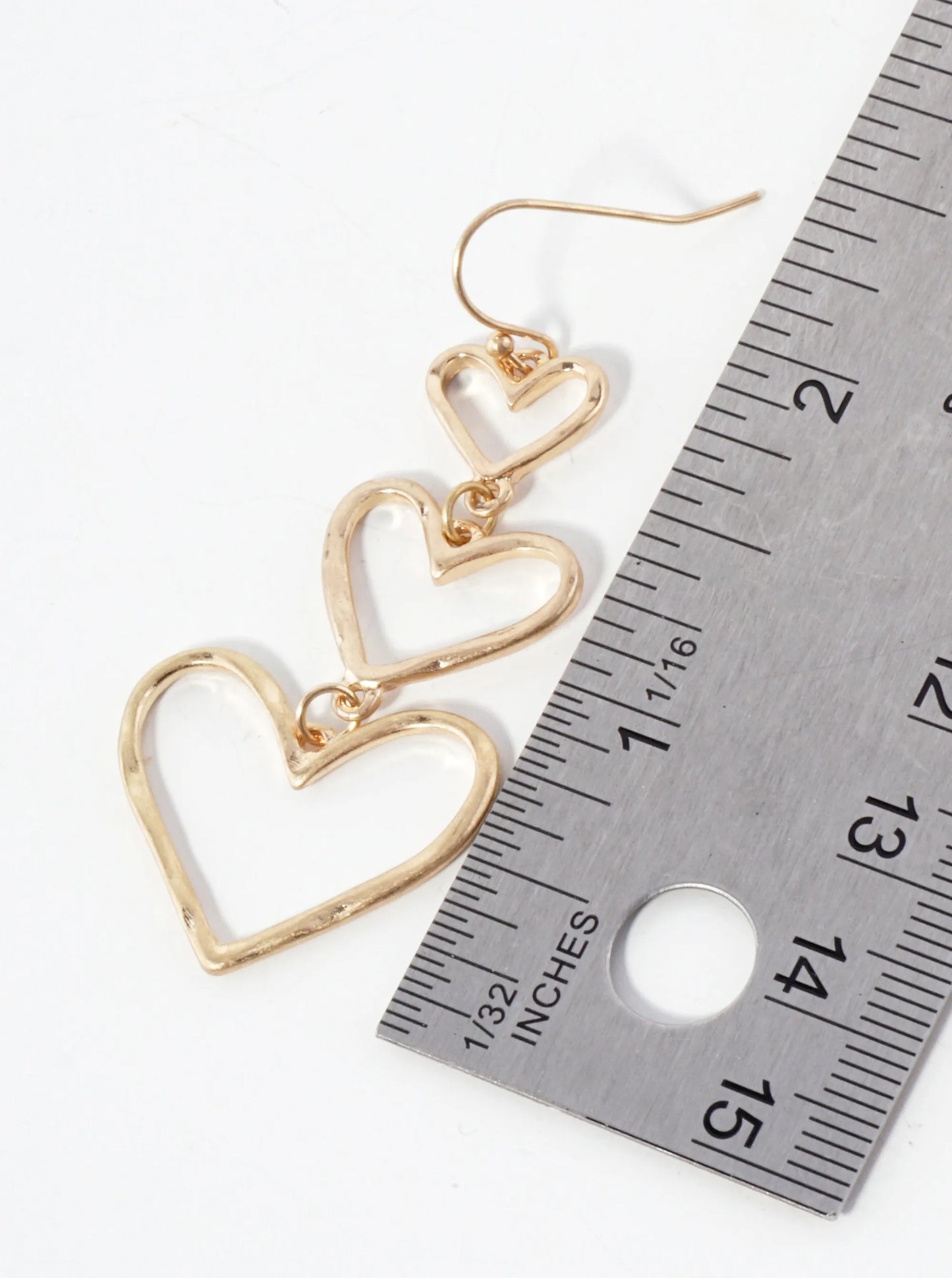 Hammered-Texture Triple Heart Dangle Drop Metal Earrings