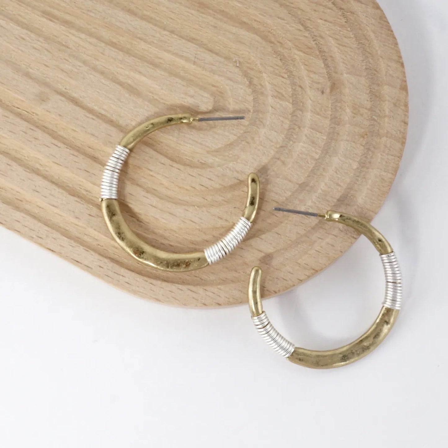 Hammered-Texture Wire-Wrapped 35mm Dual-Tone Open Hoop Earrings