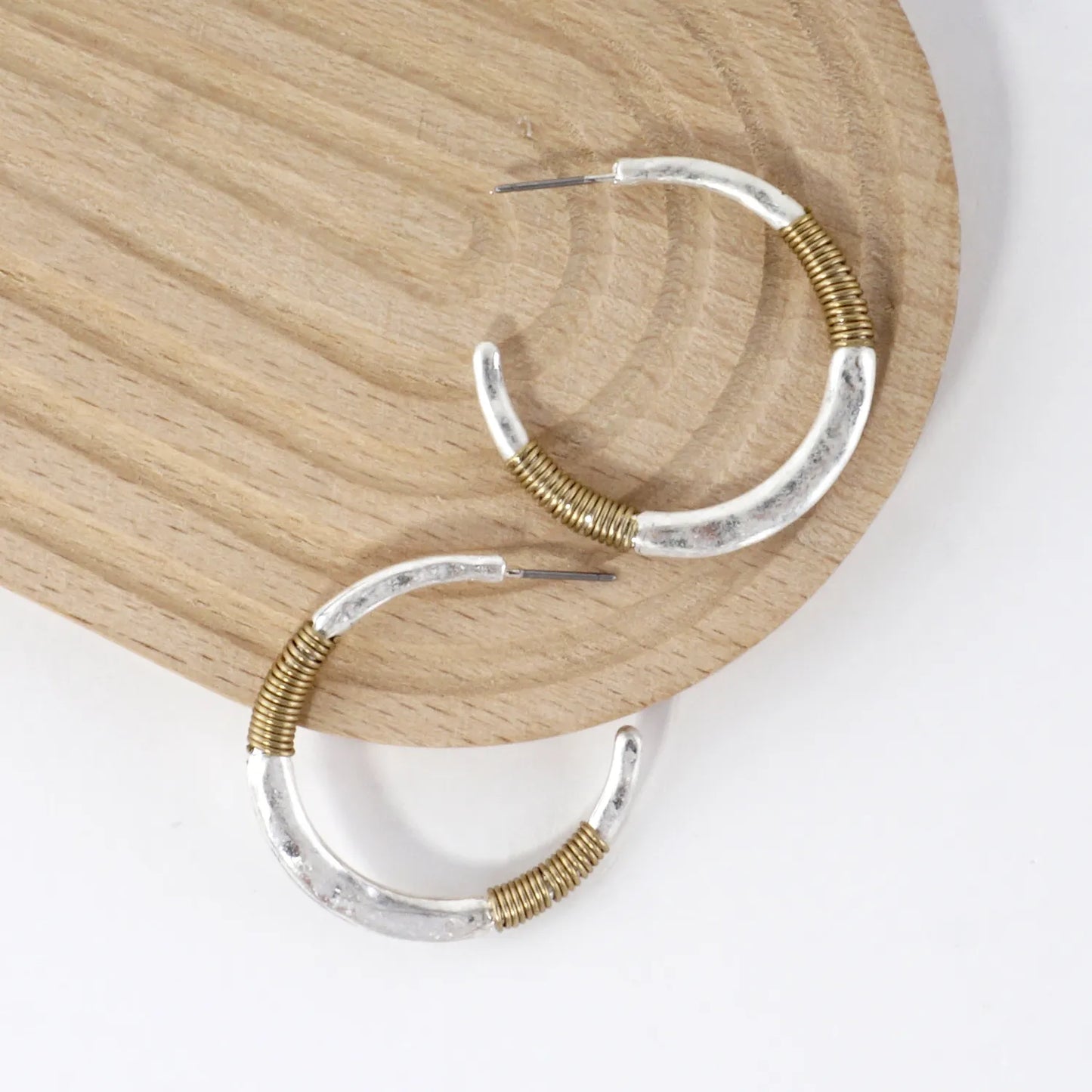 Hammered-Texture Wire-Wrapped 35mm Dual-Tone Open Hoop Earrings