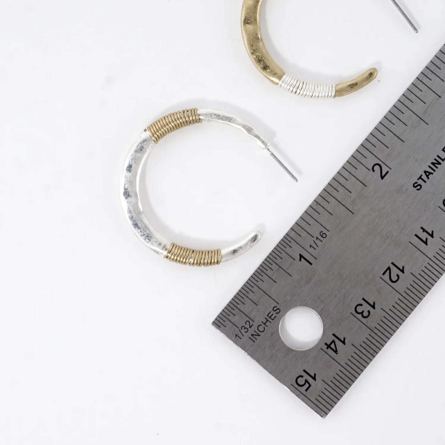 Hammered-Texture Wire-Wrapped 35mm Dual-Tone Open Hoop Earrings