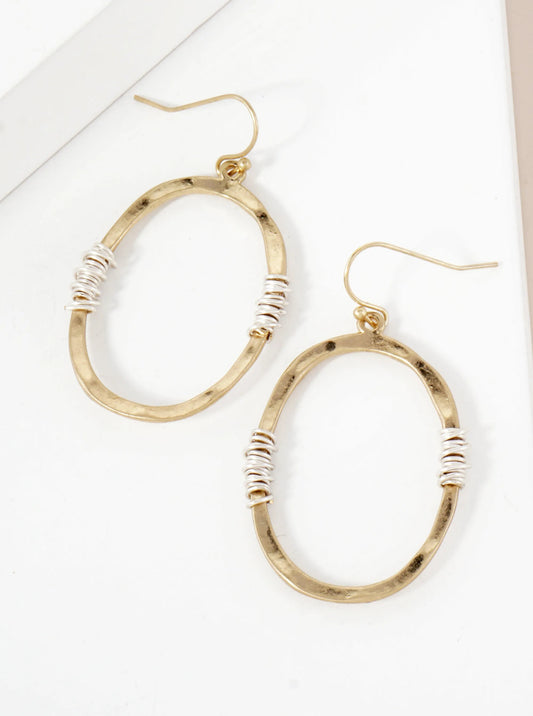 Hammered-Texture Wire-Wrapped Oval-Shaped Dangle Drop Earrings