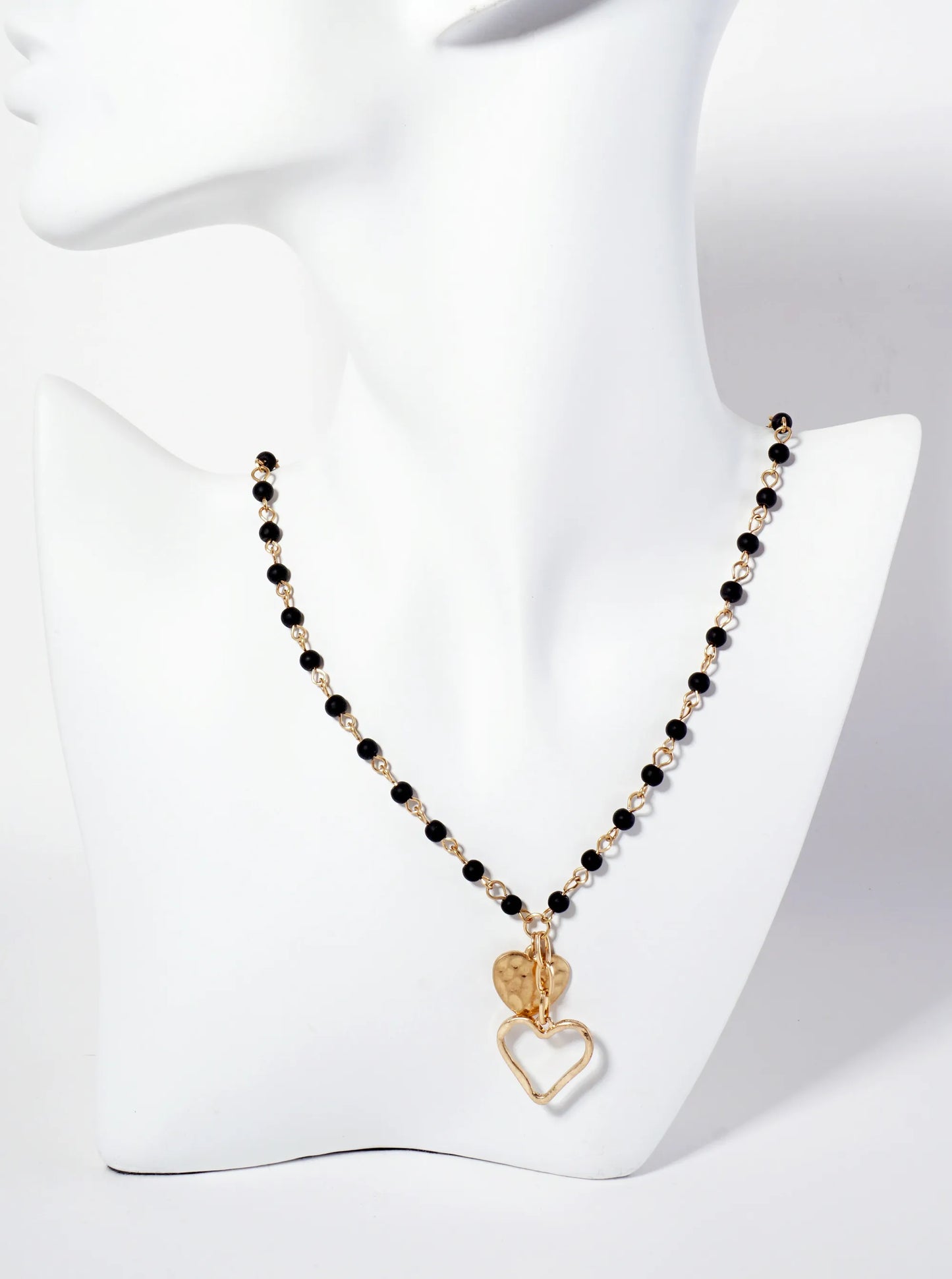 Hammered-Texture And Cutout Hearts Pendant Semi-Precious-Natural-Stone Chain Necklace