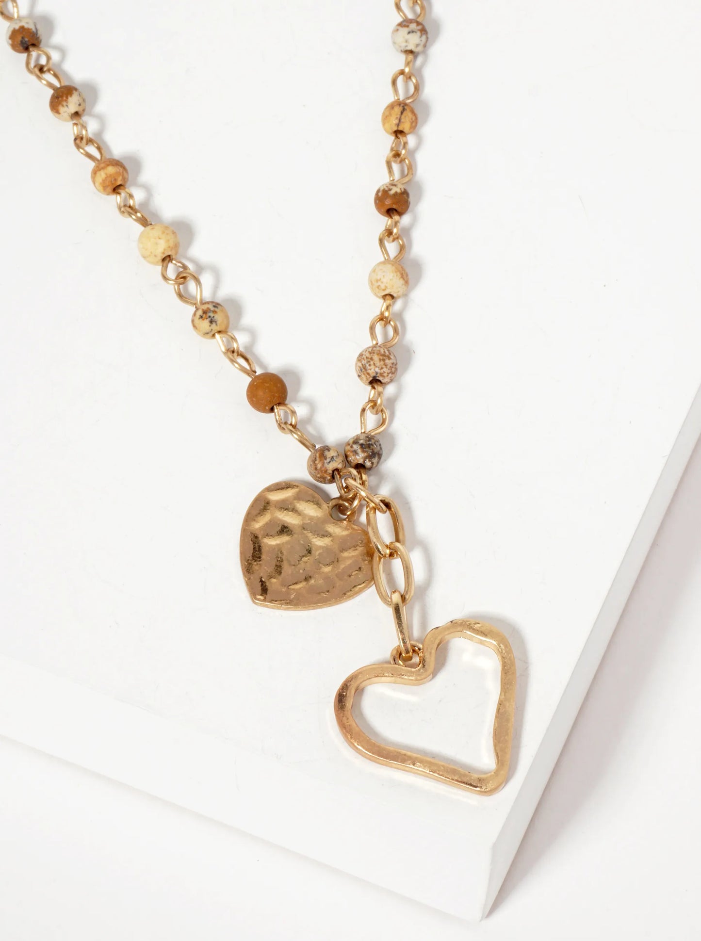 Hammered-Texture And Cutout Hearts Pendant Semi-Precious-Natural-Stone Chain Necklace