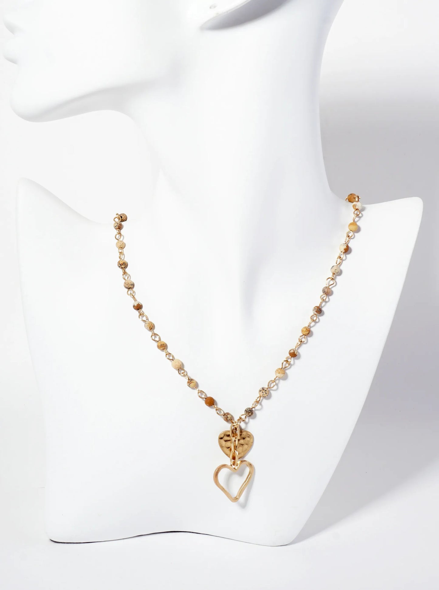 Hammered-Texture And Cutout Hearts Pendant Semi-Precious-Natural-Stone Chain Necklace