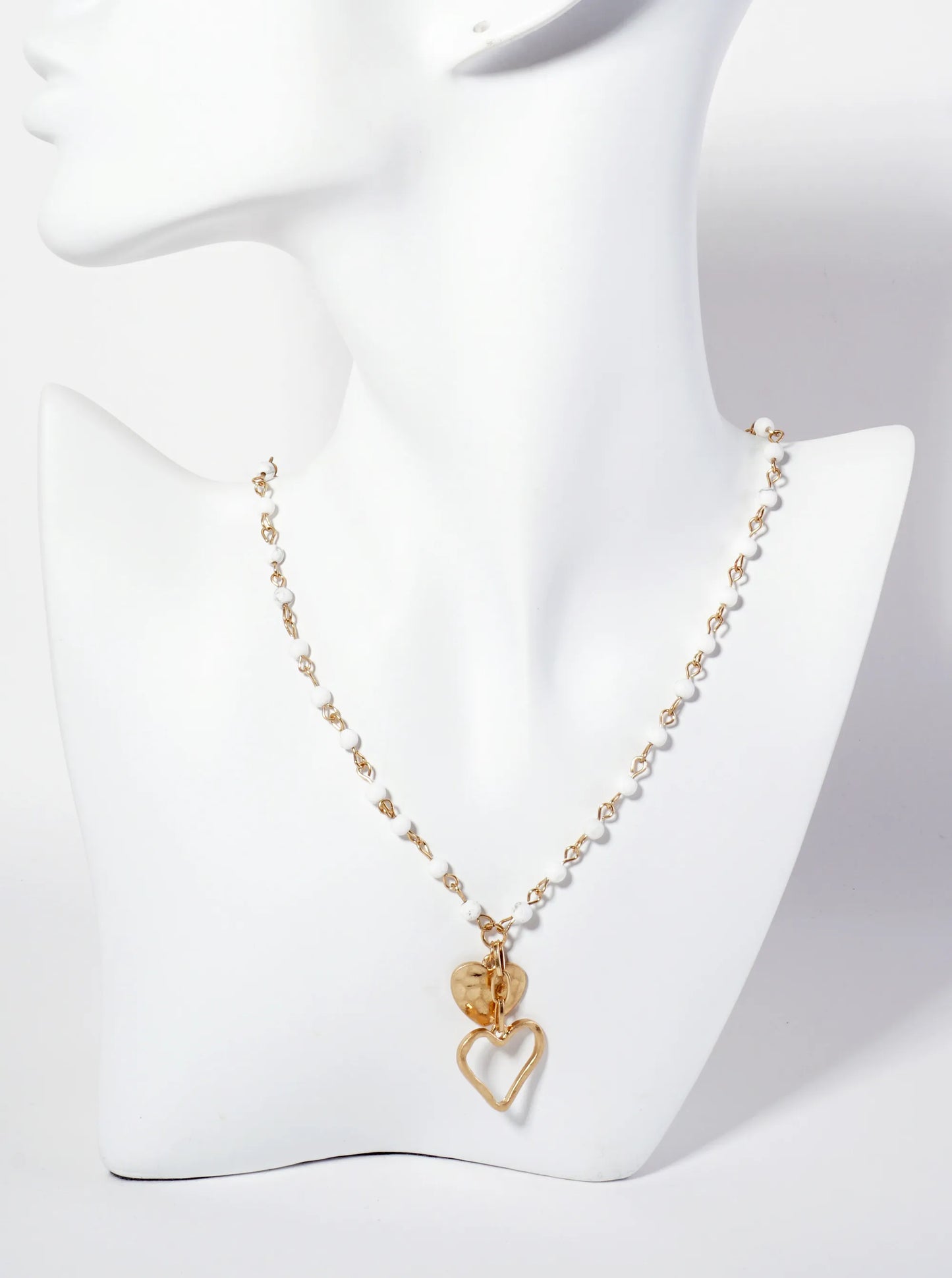 Hammered-Texture And Cutout Hearts Pendant Semi-Precious-Natural-Stone Chain Necklace