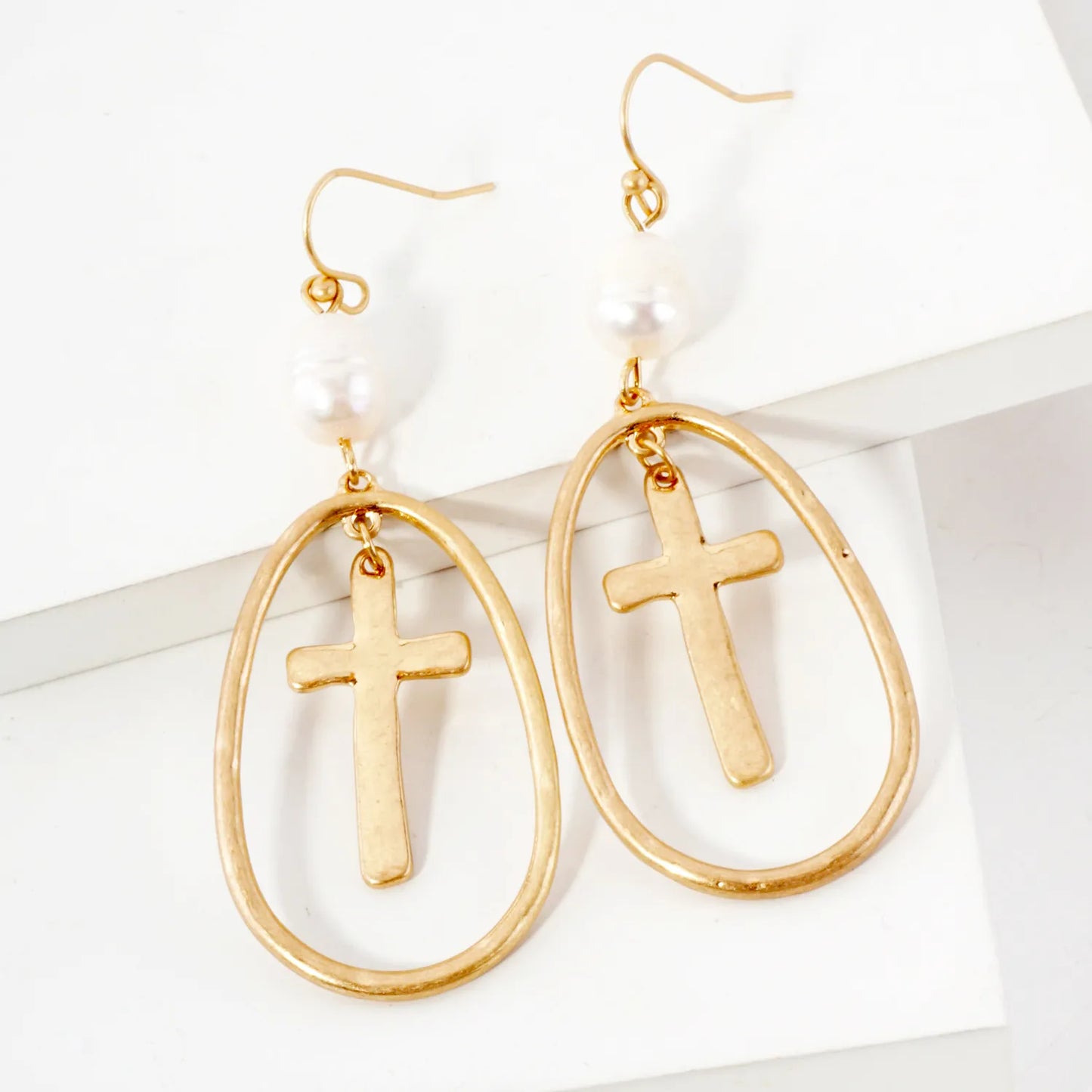 Hammered-Textured Cross Teardrop Dangle Earrings