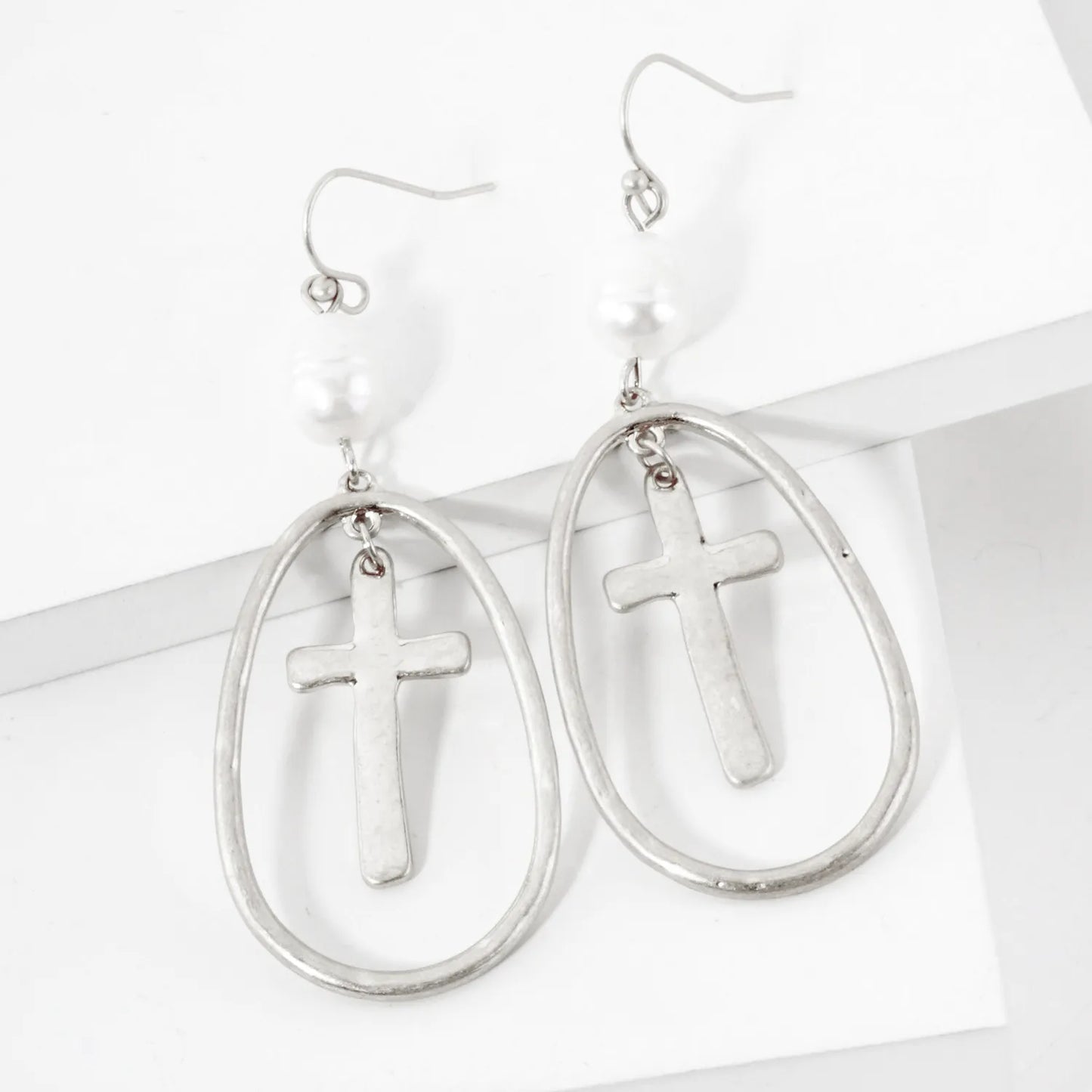 Hammered-Textured Cross Teardrop Dangle Earrings