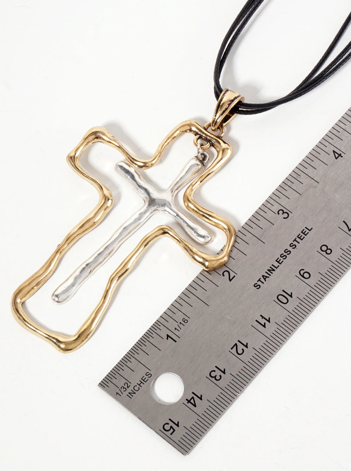 Hammered-Textured Double Cross Pendant Layered Leatherette Necklace Set-with-Earrings