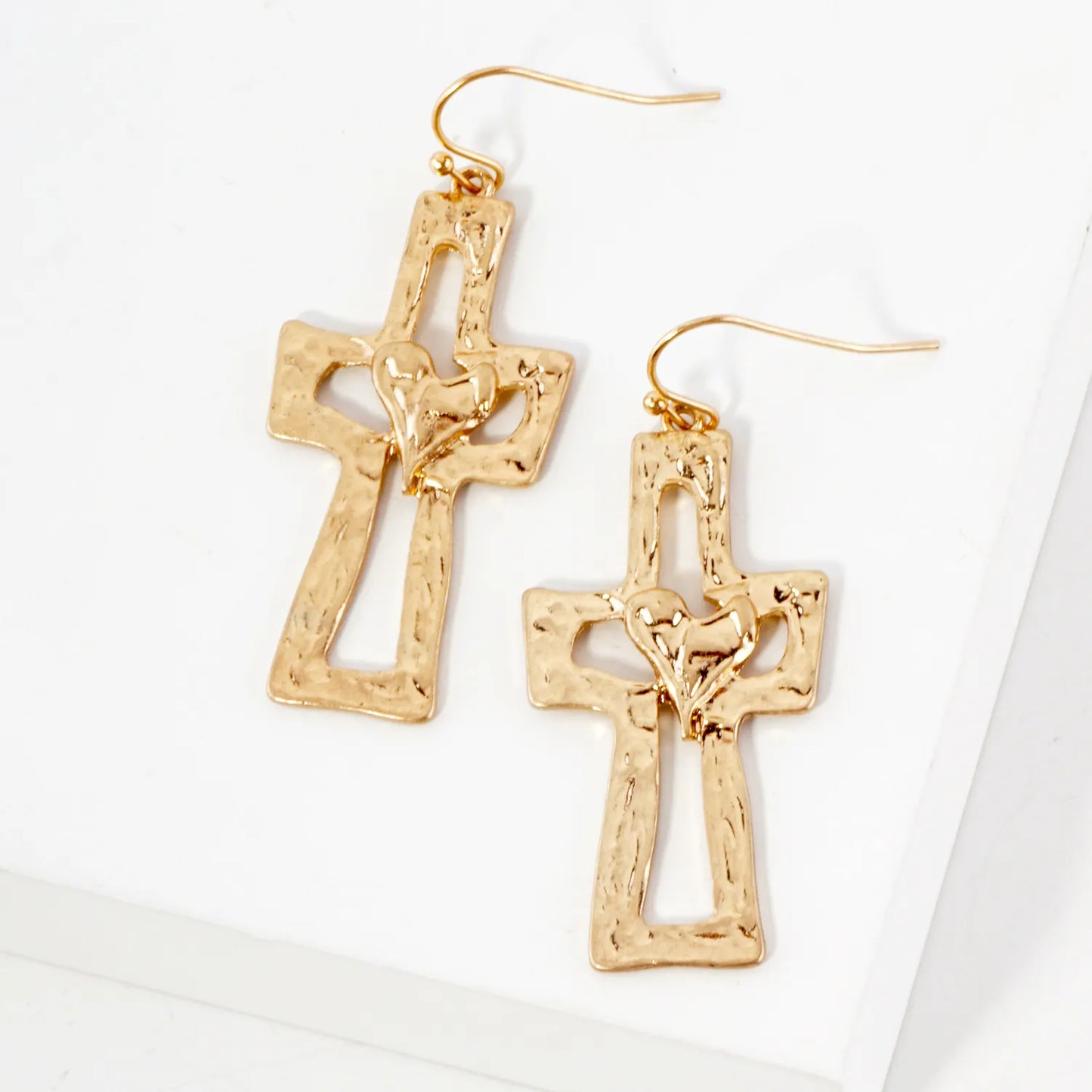 Hammered-Textured Heart Cross Dangle Earrings