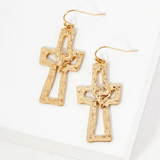 Hammered-Textured Heart Cross Dangle Earrings