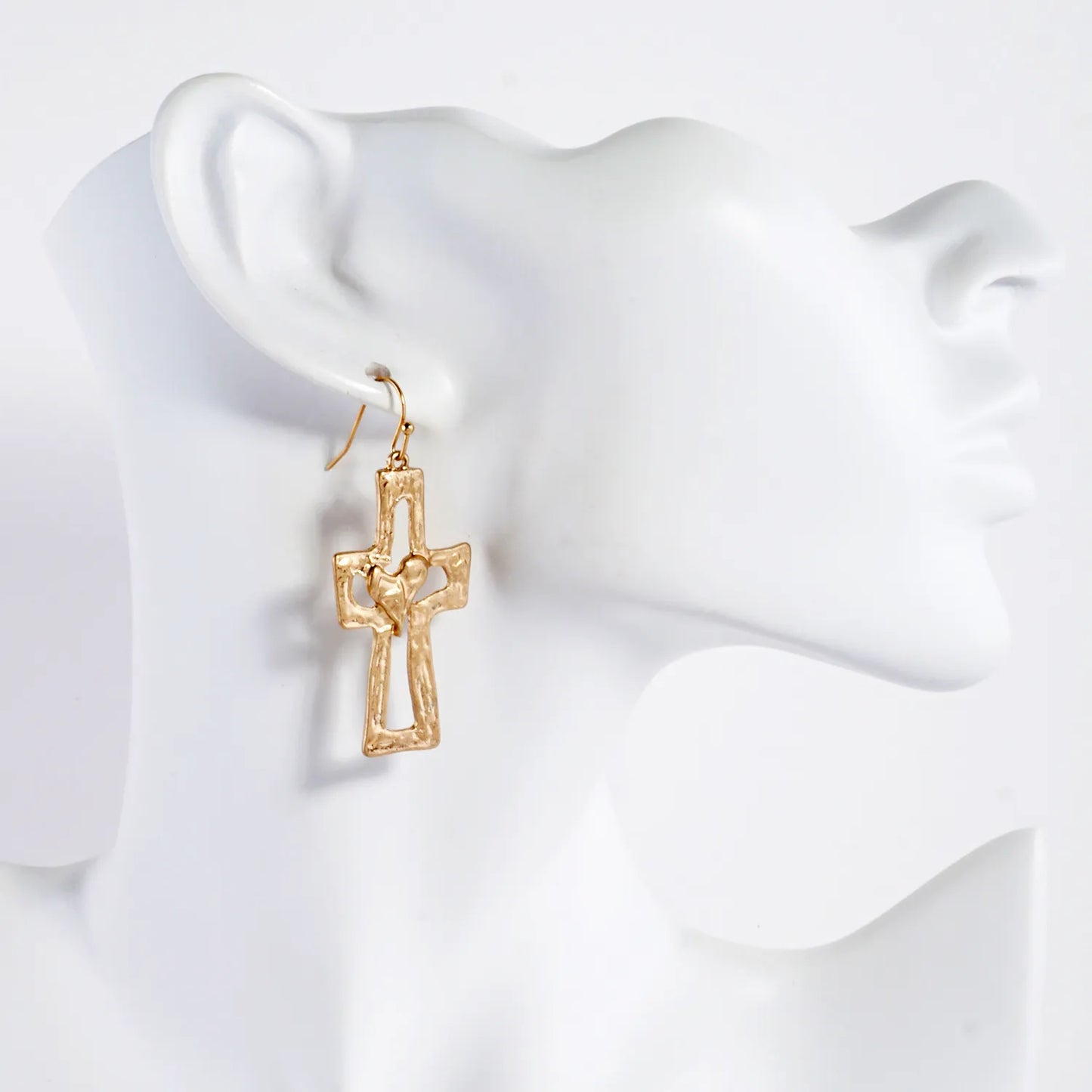 Hammered-Textured Heart Cross Dangle Earrings