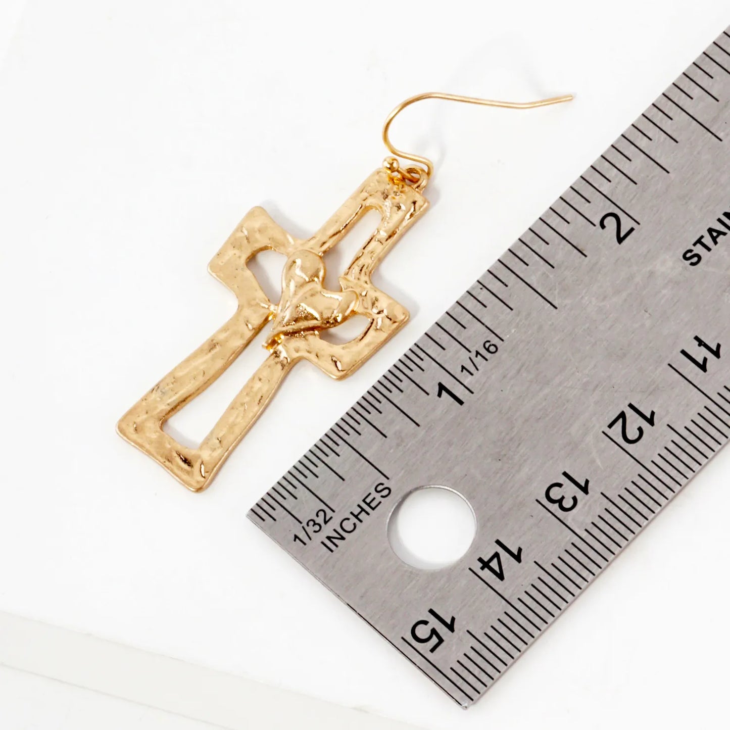 Hammered-Textured Heart Cross Dangle Earrings