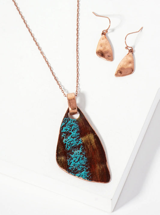 Hammered-Textured Organic Triangle Pendant 30-inch Long Necklace Set-with-Earrings