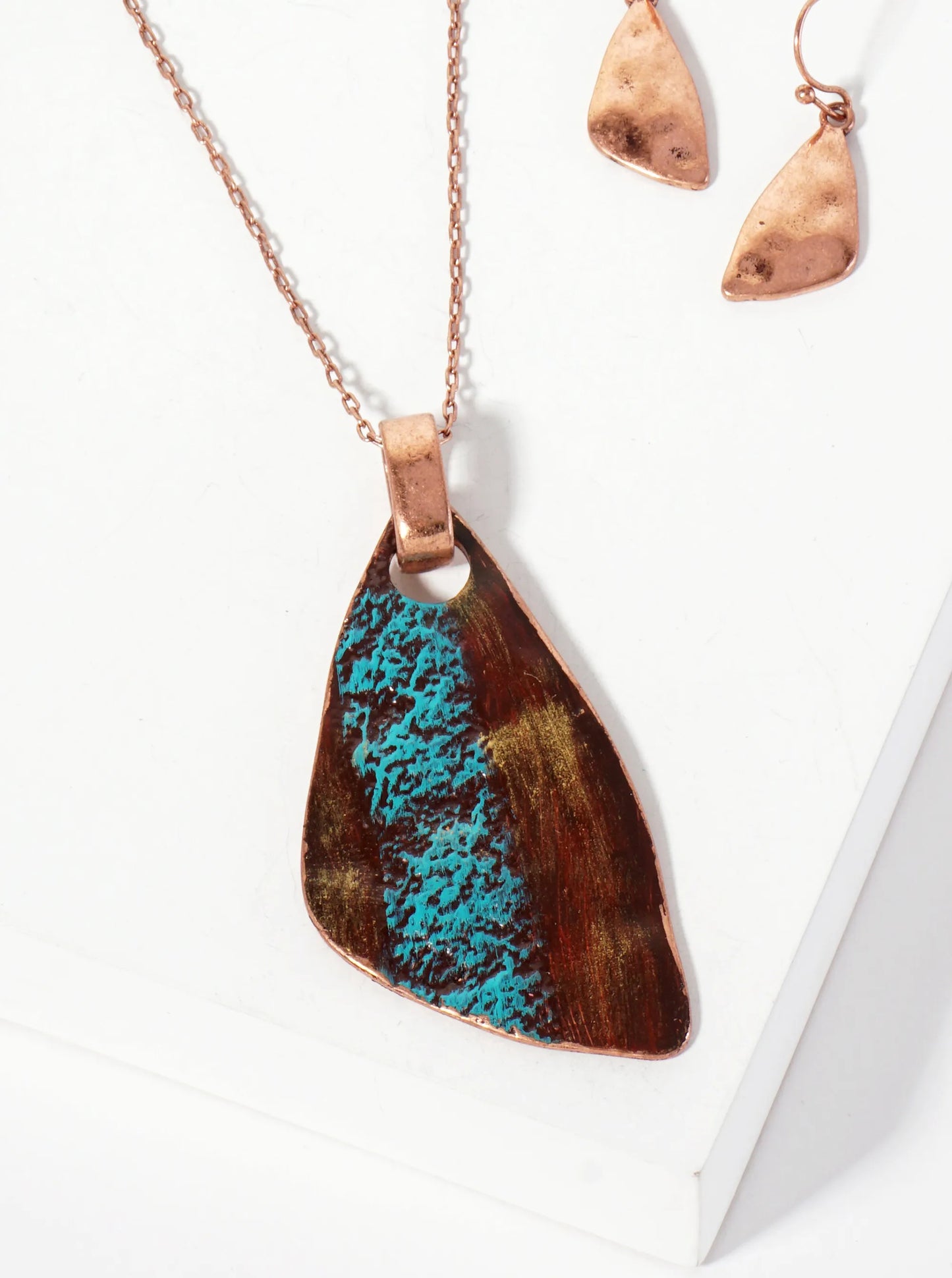 Hammered-Textured Organic Triangle Pendant 30-inch Long Necklace Set-with-Earrings
