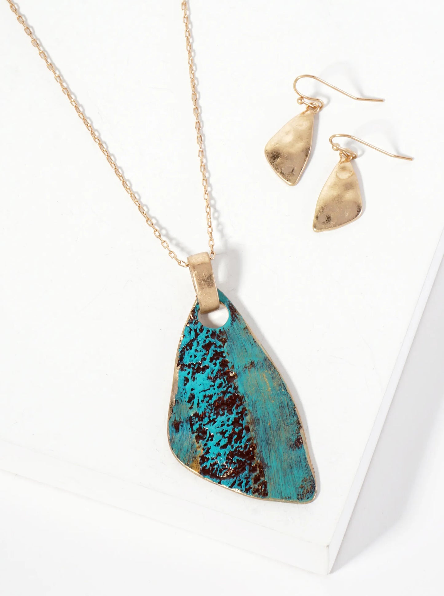 Hammered-Textured Organic Triangle Pendant 30-inch Long Necklace Set-with-Earrings