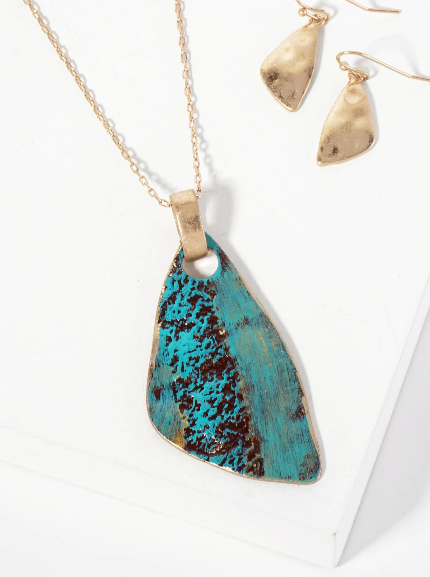 Hammered-Textured Organic Triangle Pendant 30-inch Long Necklace Set-with-Earrings