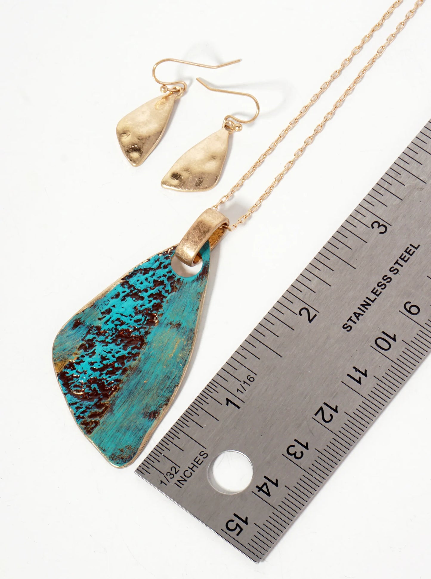 Hammered-Textured Organic Triangle Pendant 30-inch Long Necklace Set-with-Earrings