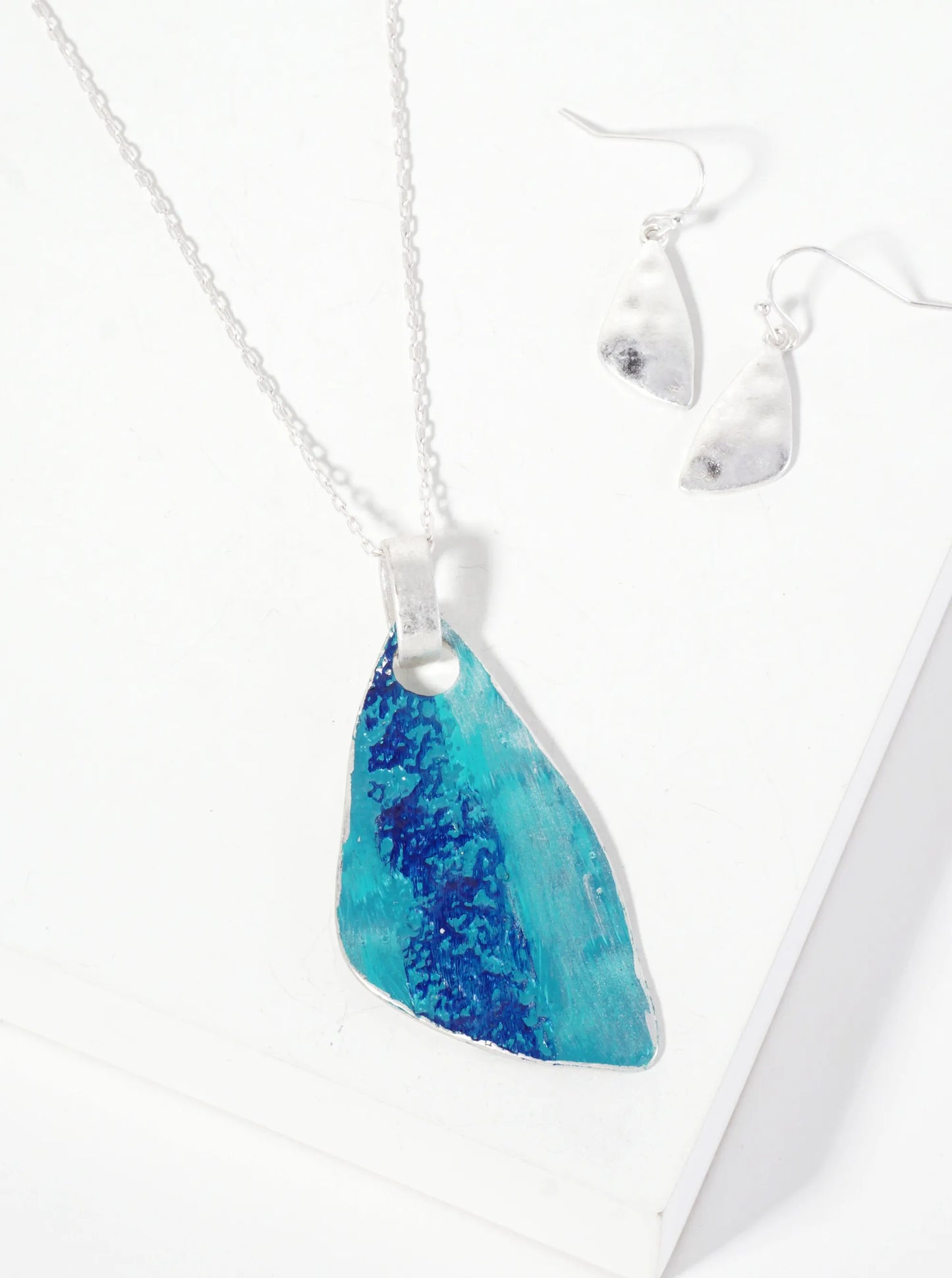 Hammered-Textured Organic Triangle Pendant 30-inch Long Necklace Set-with-Earrings