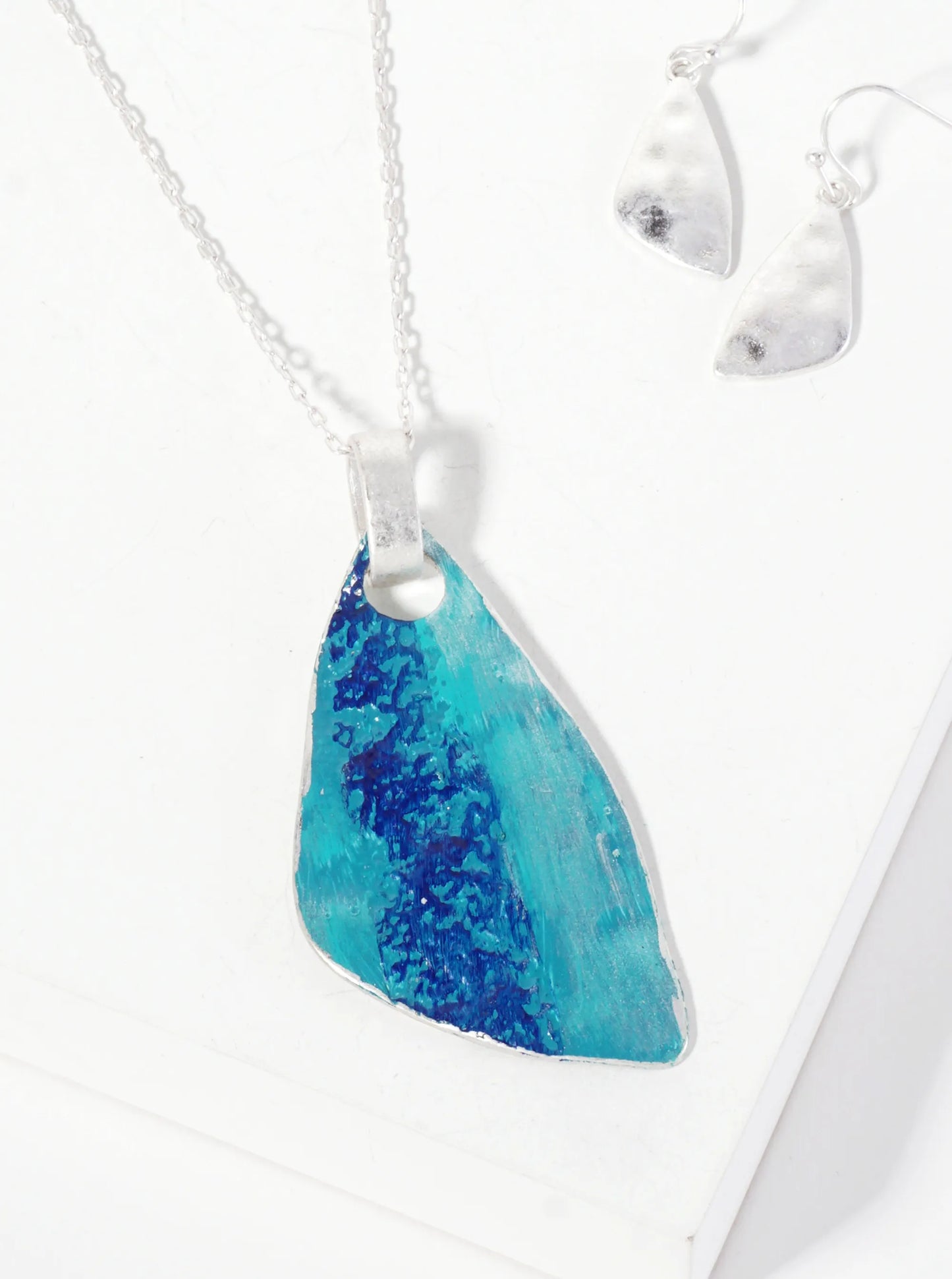 Hammered-Textured Organic Triangle Pendant 30-inch Long Necklace Set-with-Earrings