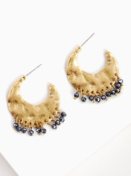 Hammered Crescent Hoop With Glass Beads Drop Earrings