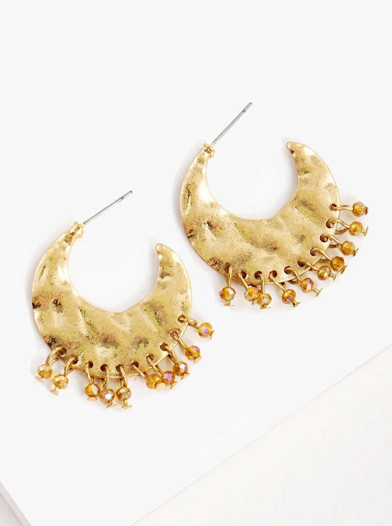 Hammered Crescent Hoop With Glass Beads Drop Earrings