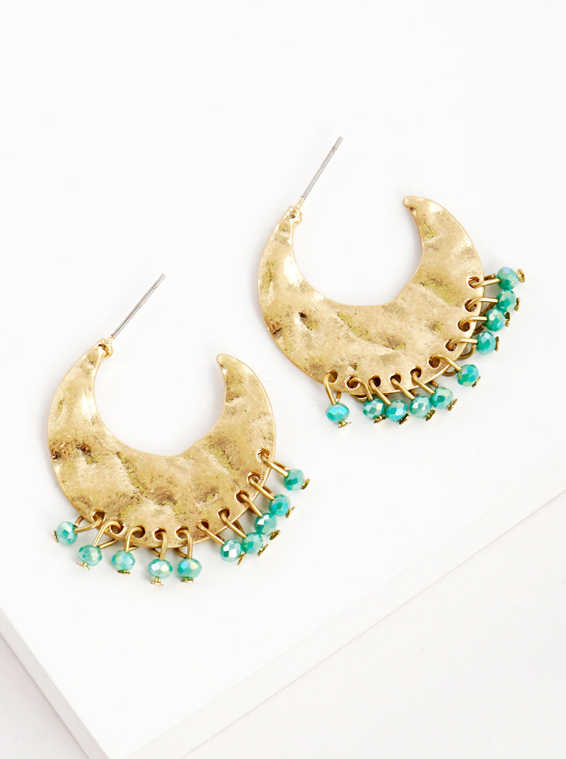 Hammered Crescent Hoop With Glass Beads Drop Earrings