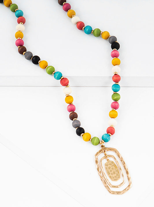 Hammered Hexagon Metal Pendant Wood Bead Long Necklace