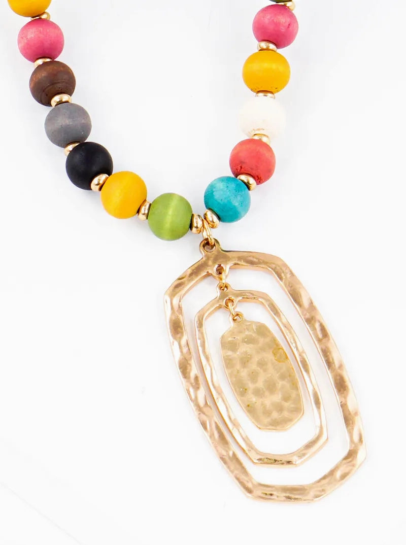 Hammered Hexagon Metal Pendant Wood Bead Long Necklace