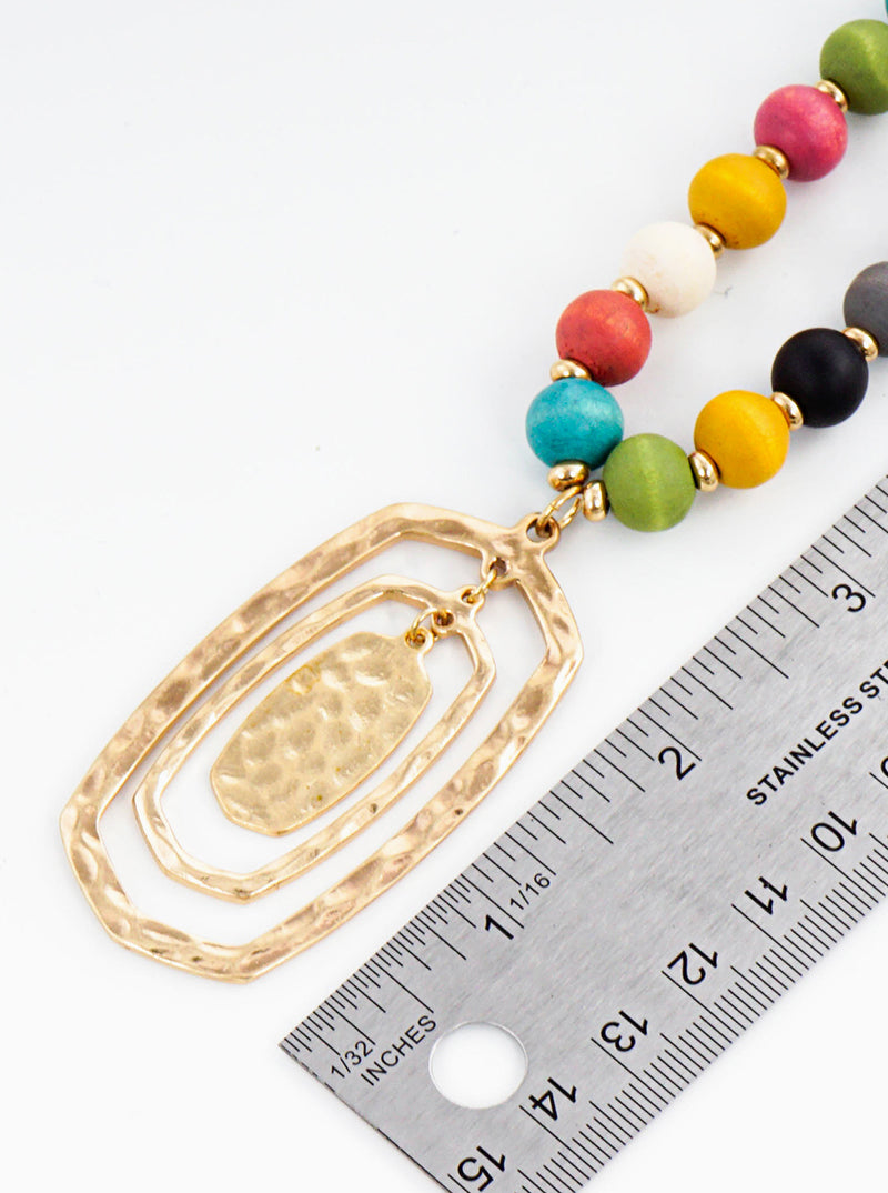 Hammered Hexagon Metal Pendant Wood Bead Long Necklace