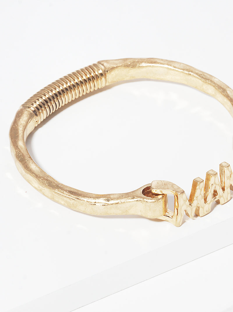 Hammered Metal MAMA Accent Spring Hook Closure Bangle Bracelet