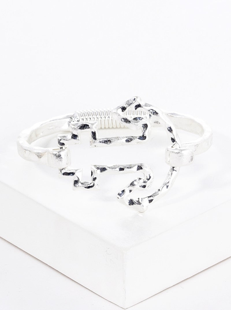 Hammered Metal Anchor Accent Spring Hook Closure Bangle Bracelet