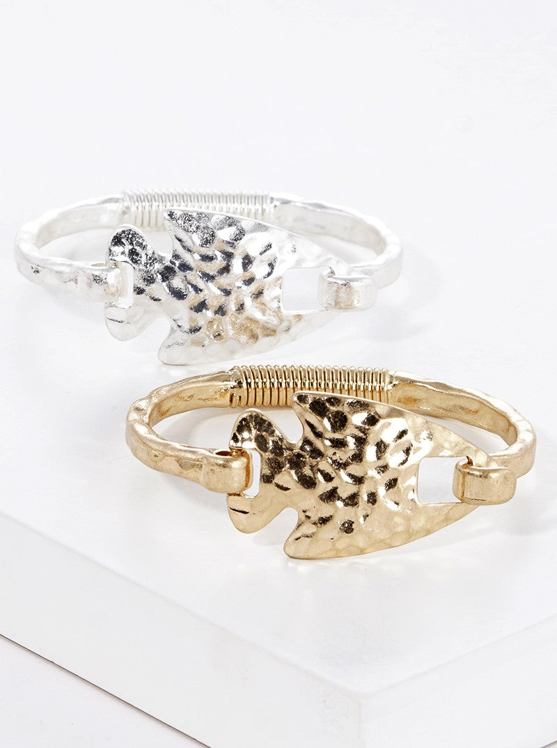 Hammered Metal Arrowhead Accent Spring Hook Closure Bangle Bracelet