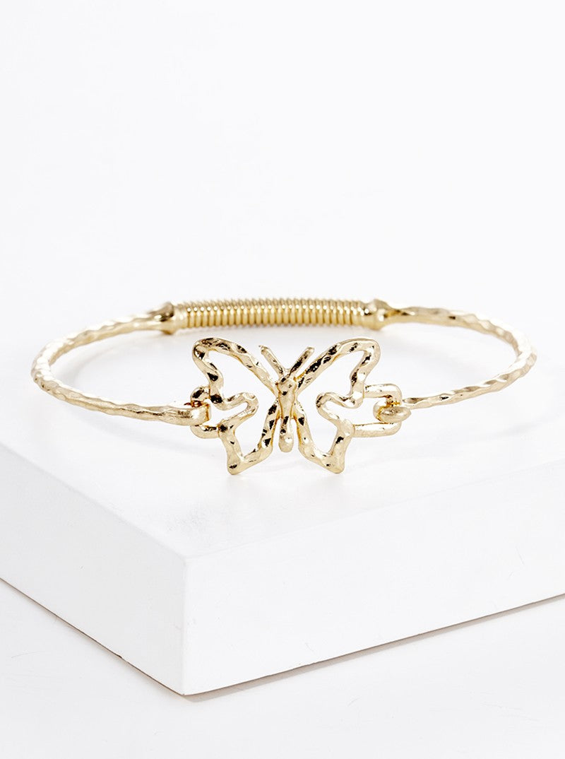 Hammered Metal Butterfly Accent Fine Spring Hook Closure Bangle Bracelet
