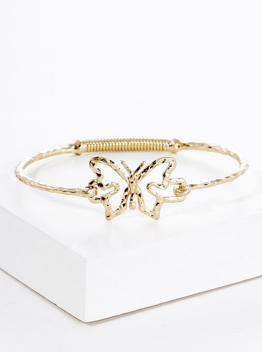 Hammered Metal Butterfly Accent Fine Spring Hook Closure Bangle Bracelet