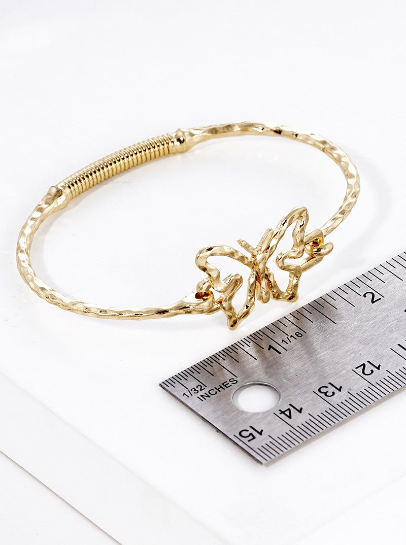 Hammered Metal Butterfly Accent Fine Spring Hook Closure Bangle Bracelet