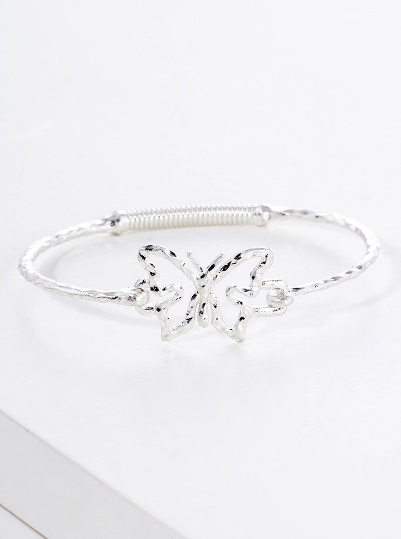 Hammered Metal Butterfly Accent Fine Spring Hook Closure Bangle Bracelet