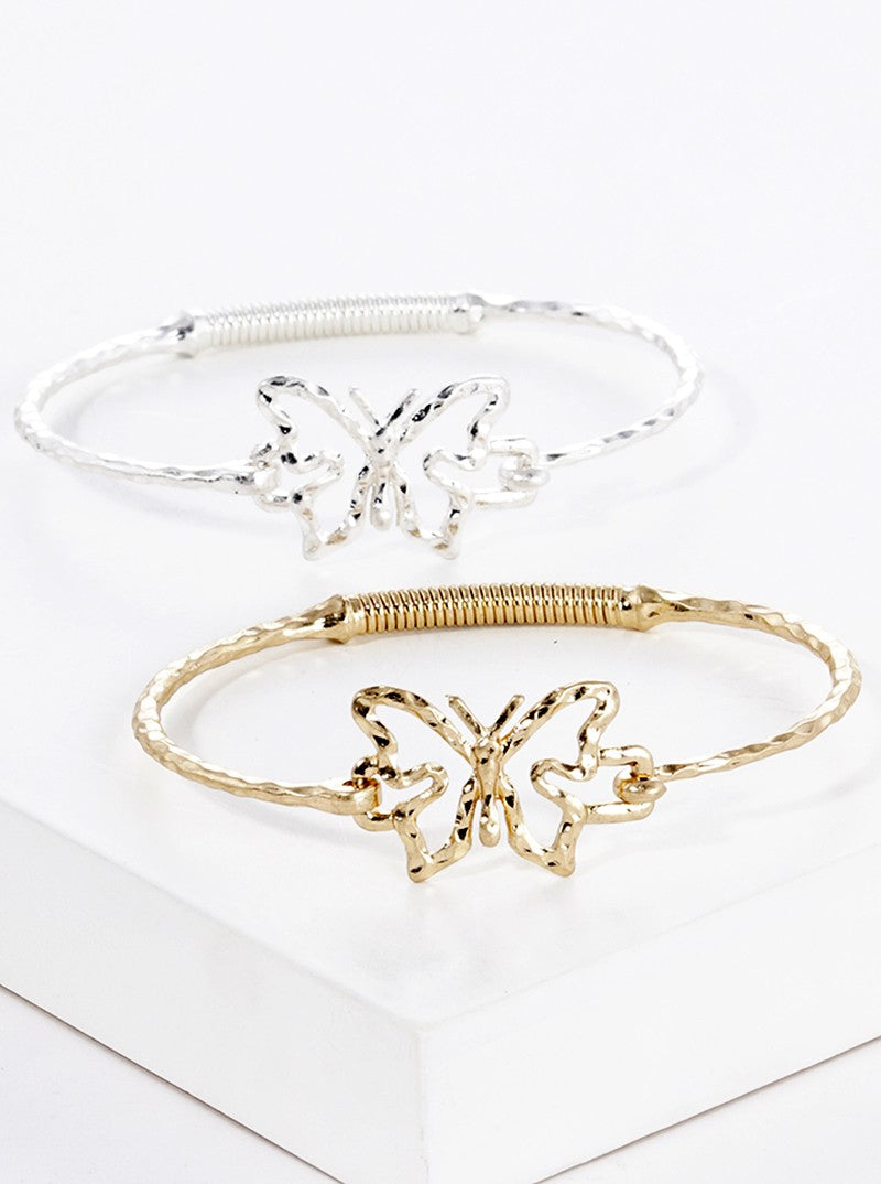 Hammered Metal Butterfly Accent Fine Spring Hook Closure Bangle Bracelet