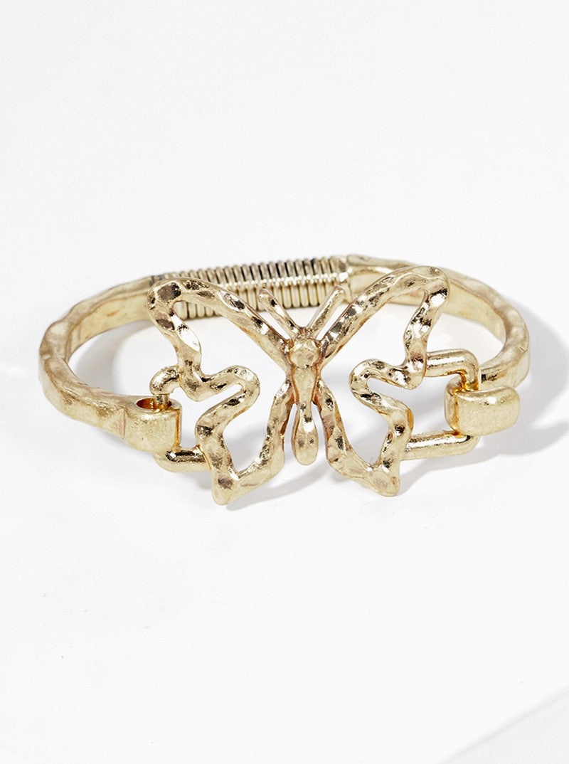 Hammered Metal Butterfly Accent Spring Hook Closure Bangle Bracelet