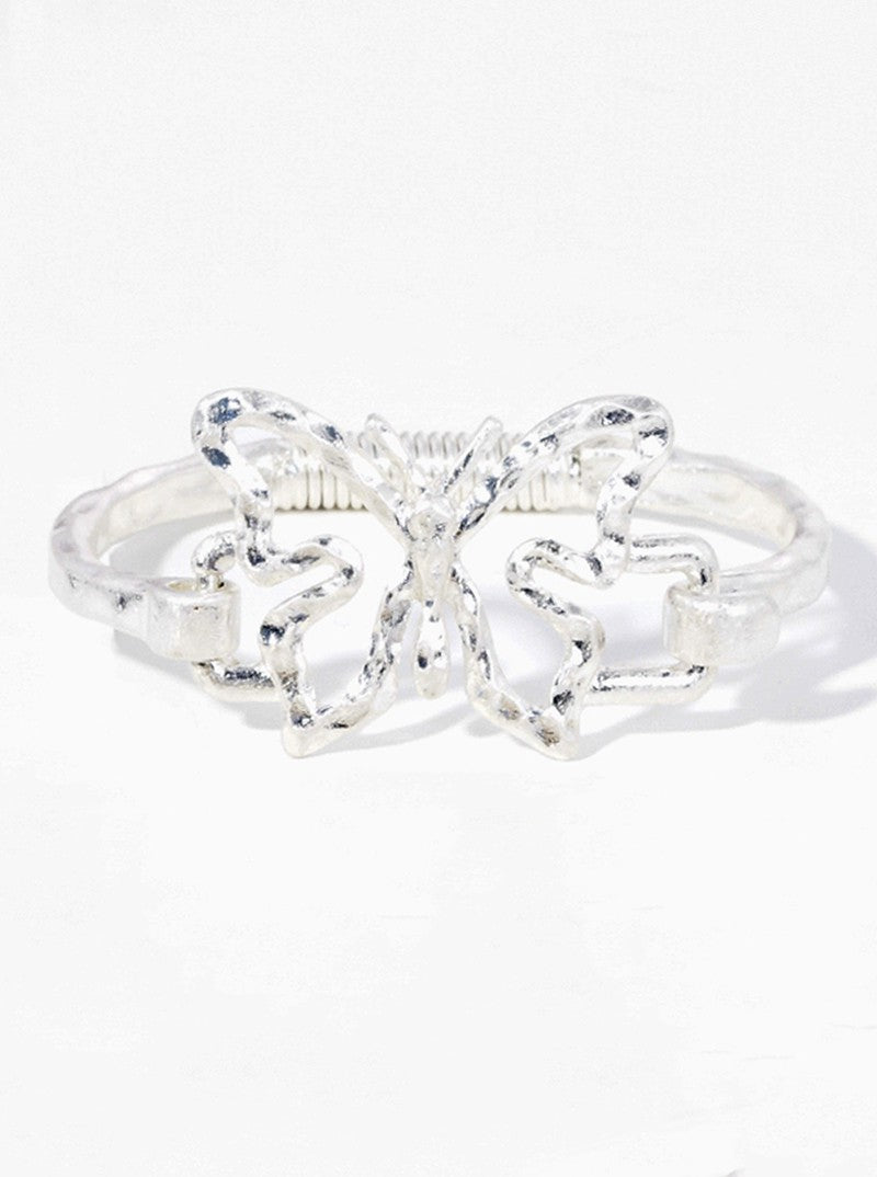 Hammered Metal Butterfly Accent Spring Hook Closure Bangle Bracelet