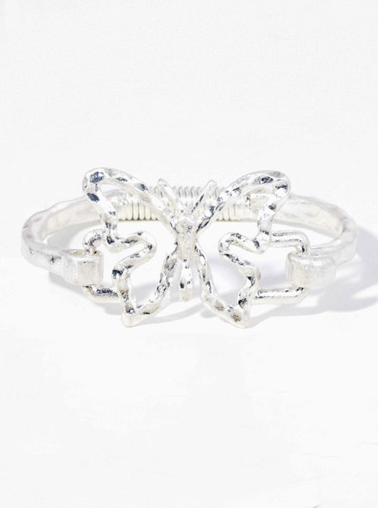 Hammered Metal Butterfly Accent Spring Hook Closure Bangle Bracelet