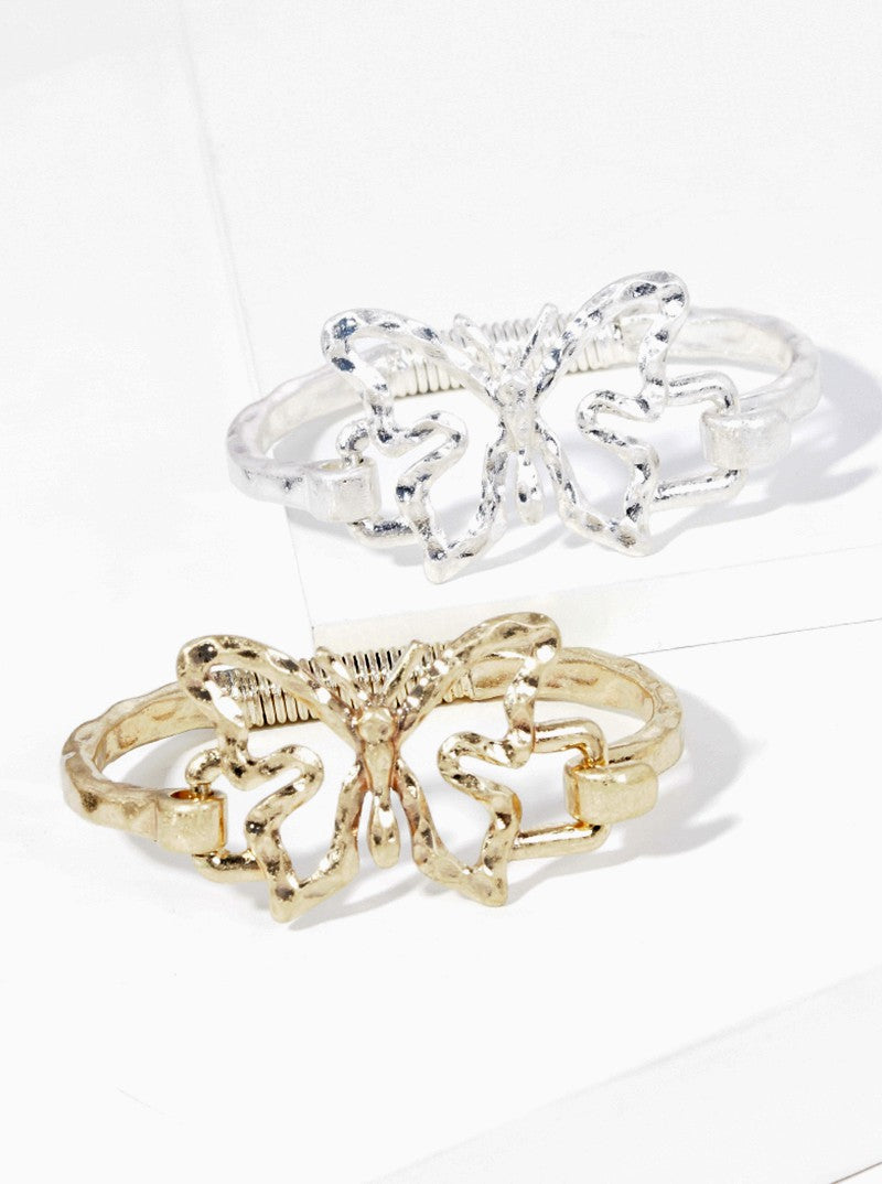 Hammered Metal Butterfly Accent Spring Hook Closure Bangle Bracelet