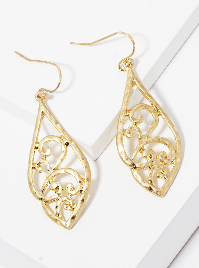 Hammered Metal Chunky Filigree Fish Hook Dangle Drop Earrings