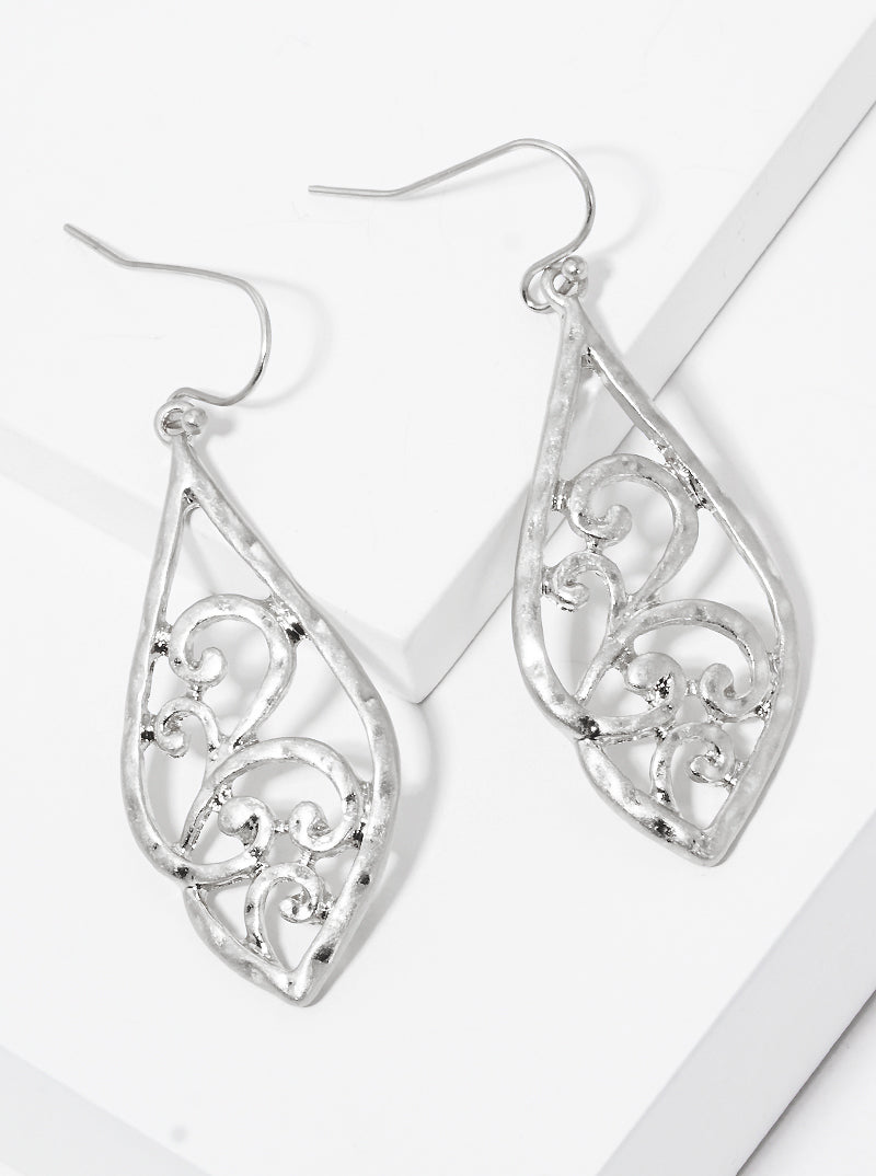 Hammered Metal Chunky Filigree Fish Hook Dangle Drop Earrings